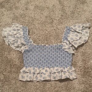 LoveShackFancy Blue and Cream Floral Blouse